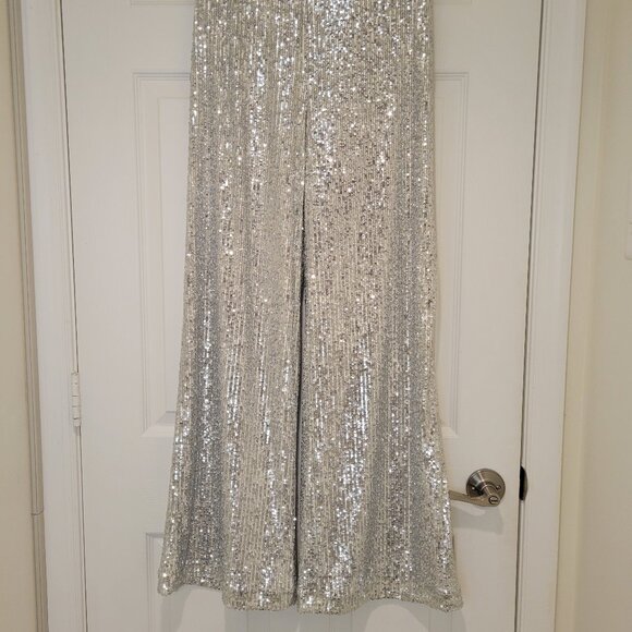 ANN TAYLOR SILVER SEQUIN WIDE LEG PANTS NWT - Picture 3 of 13